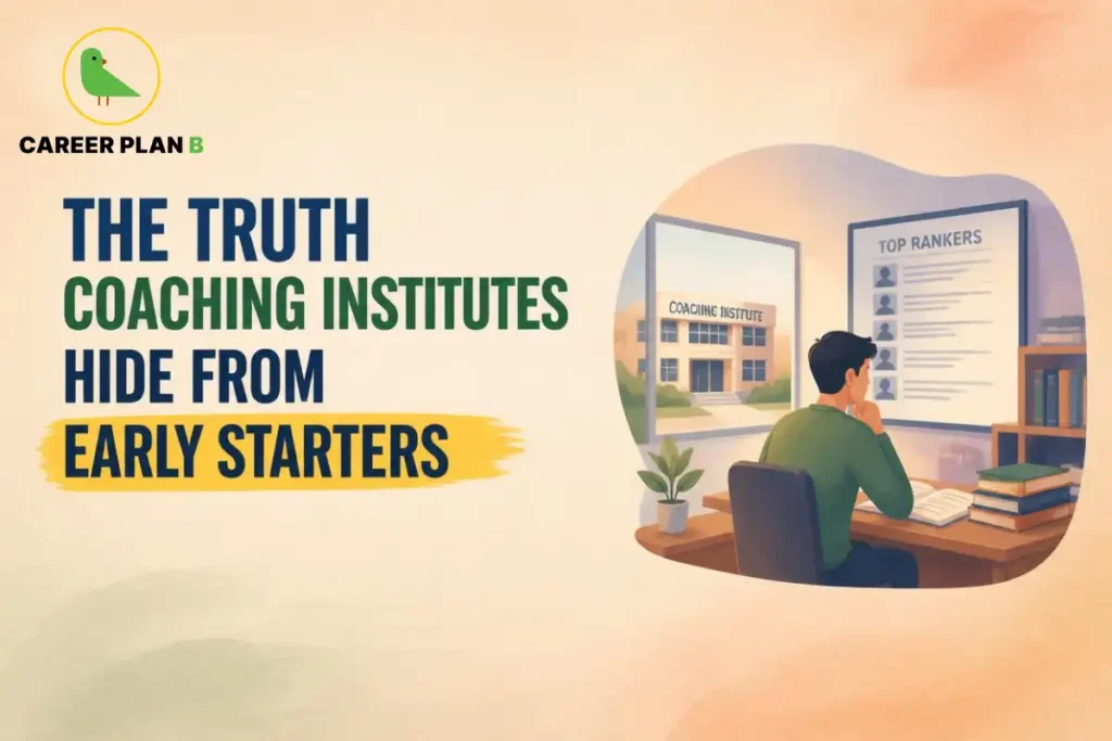 Coaching institutes for early starters illustrated by a student reviewing a coaching institute building, student rankings, and study materials.
