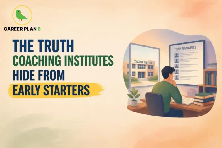 Coaching institutes for early starters illustrated by a student reviewing a coaching institute building, student rankings, and study materials.