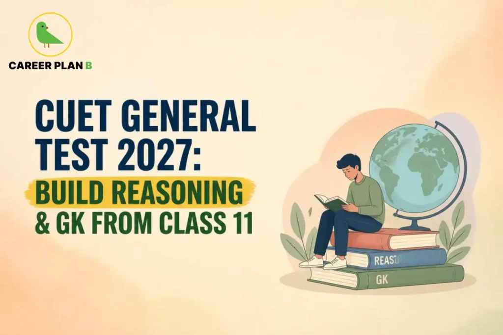 CUET General Test 2027 preparation illustrated by a student reading books on reasoning and general knowledge beside a globe.