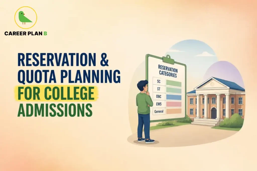 Reservation and quota planning for college admissions, showing a student reviewing SC, ST, OBC, EWS and General category options beside a college building.