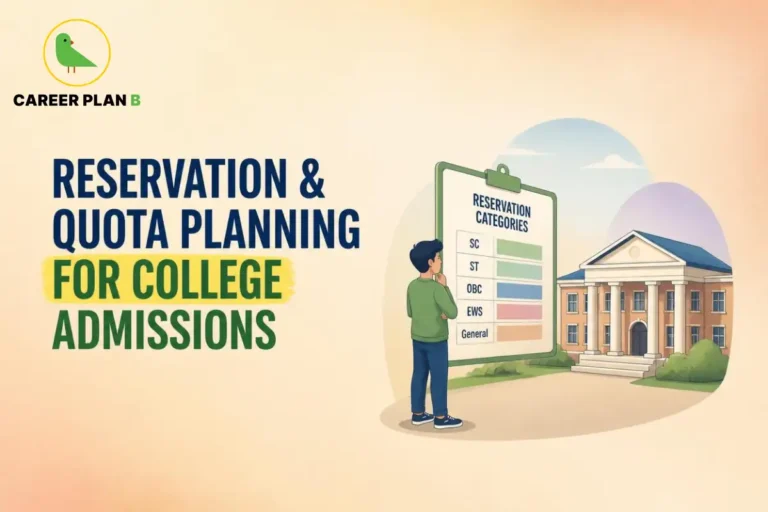 Reservation and quota planning for college admissions, showing a student reviewing SC, ST, OBC, EWS and General category options beside a college building.