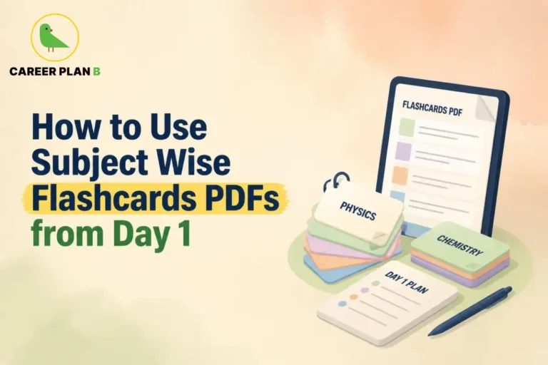 Subject-wise flashcards PDFs for students, featuring physics and chemistry study cards, a digital flashcard document and a day-one study plan.