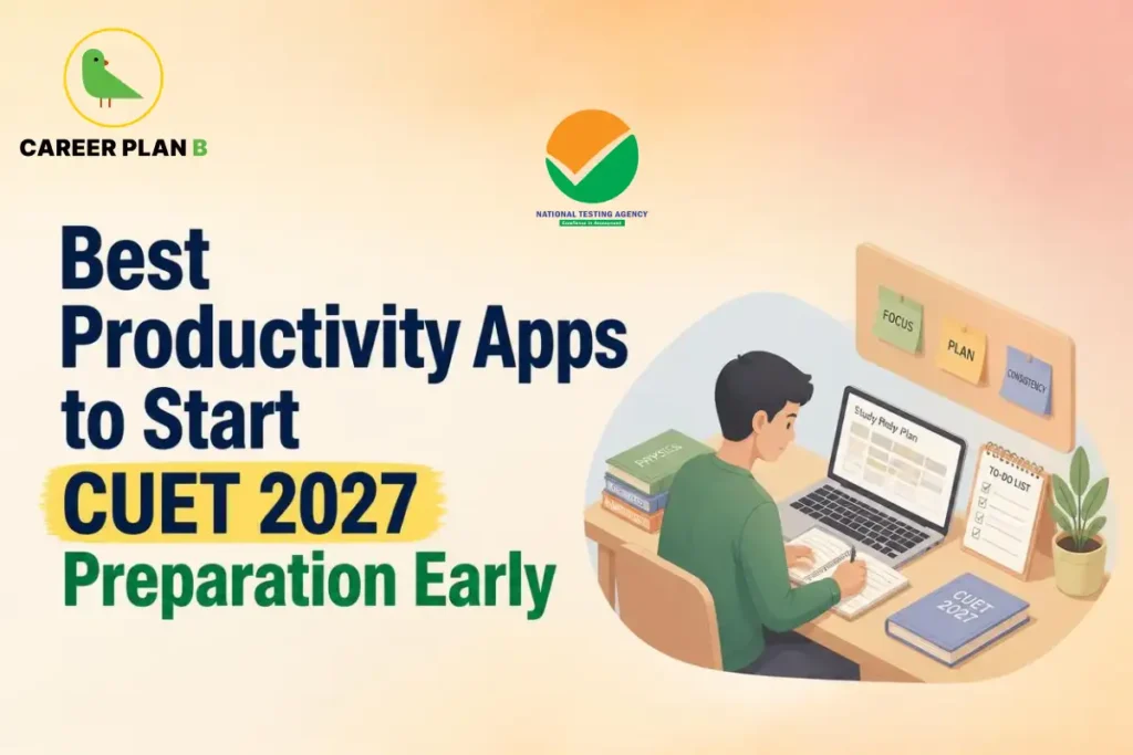 Productivity apps for CUET 2027 preparation, showing a student organising study tasks, planning revision and tracking preparation on a laptop.