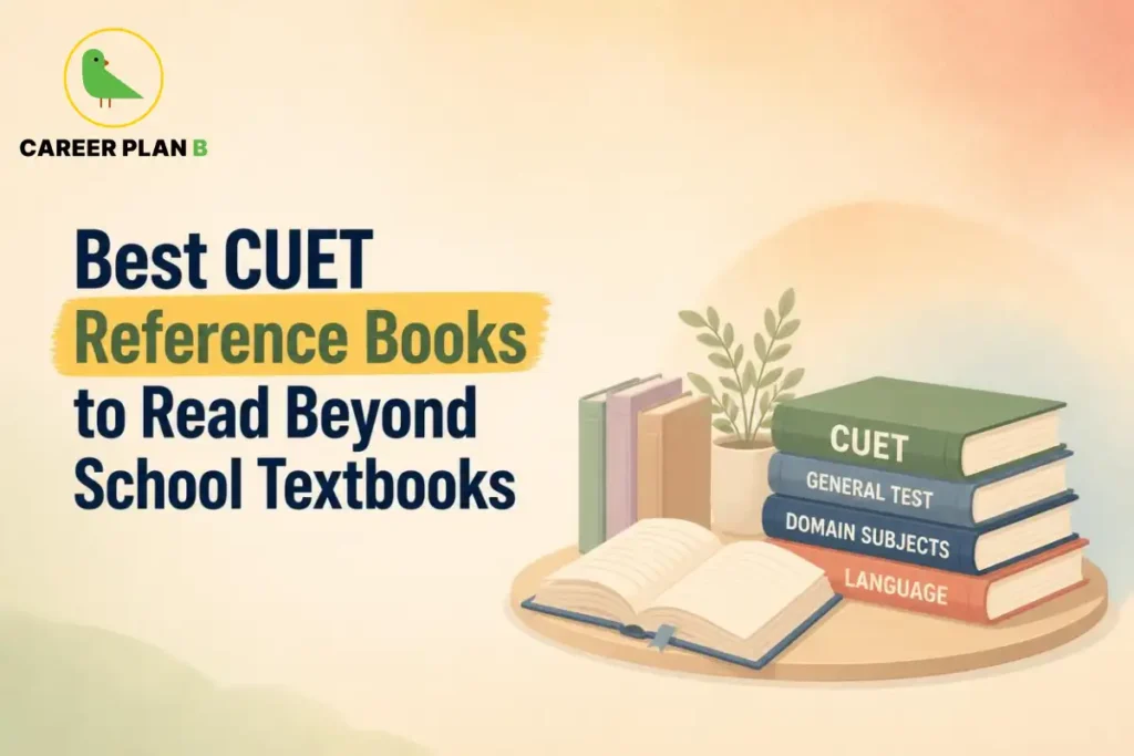 Best CUET reference books arranged beside an open textbook, with separate study materials for the General Test, domain subjects and language sections.