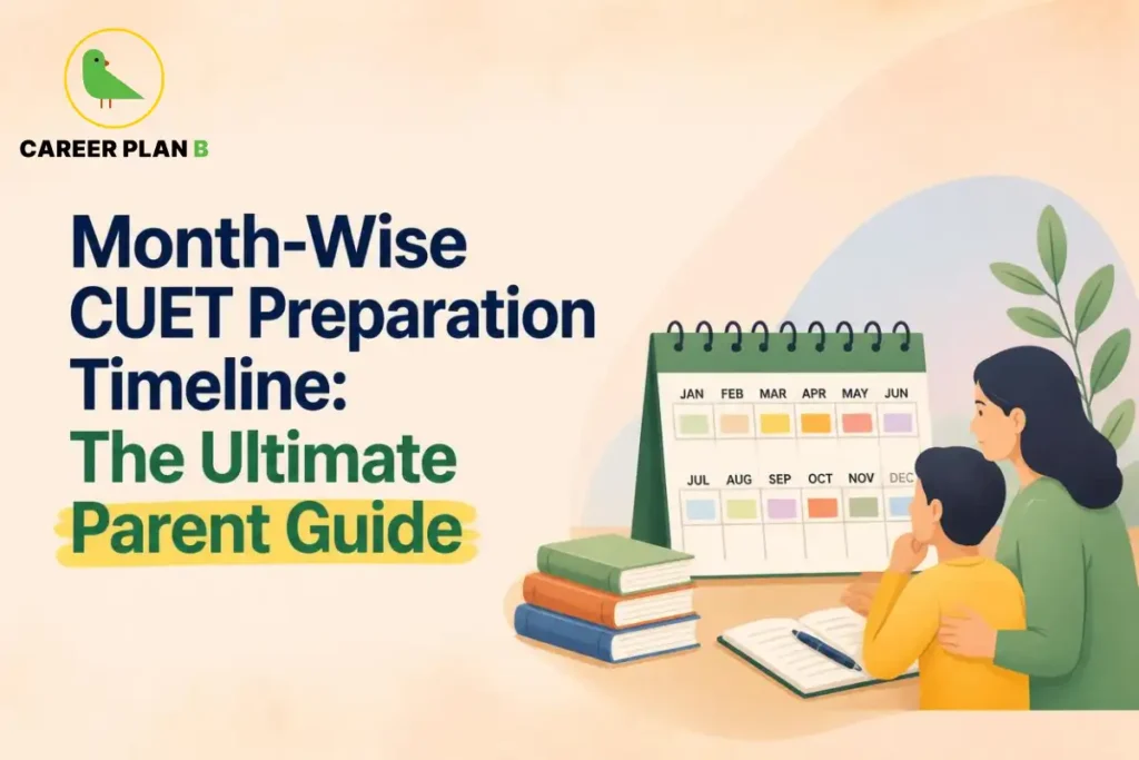 Month-wise CUET preparation timeline, featuring a calendar with monthly study targets, textbooks and a parent helping a student plan exam preparation.