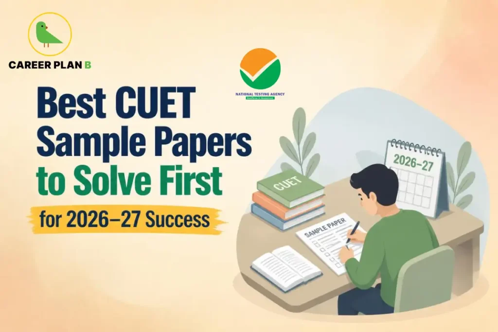Best CUET sample papers for 2026–27 preparation, showing a student solving practice questions beside CUET textbooks and an exam calendar.