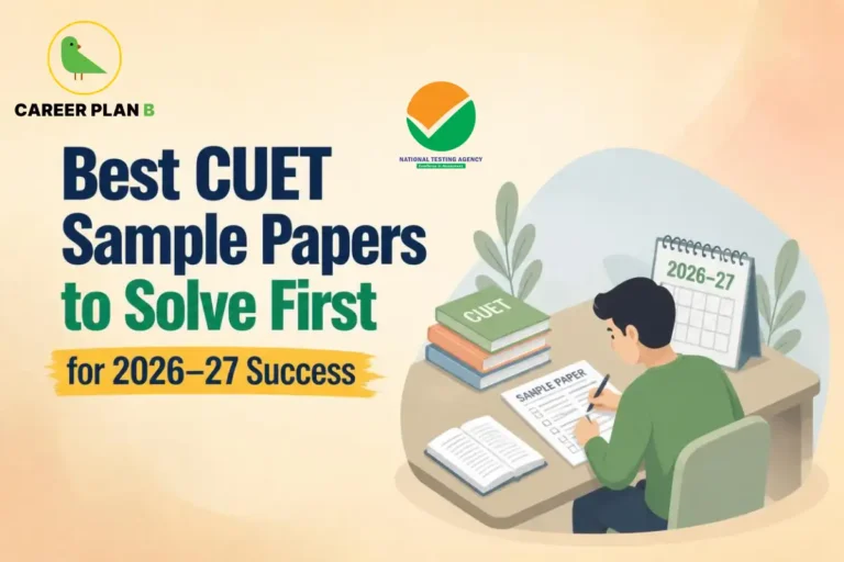 Best CUET sample papers for 2026–27 preparation, showing a student solving practice questions beside CUET textbooks and an exam calendar.