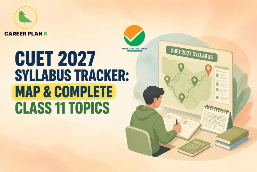 CUET 2027 syllabus tracker, showing a student mapping Class 11 topics with a study checklist, subject notes and a progress calendar.