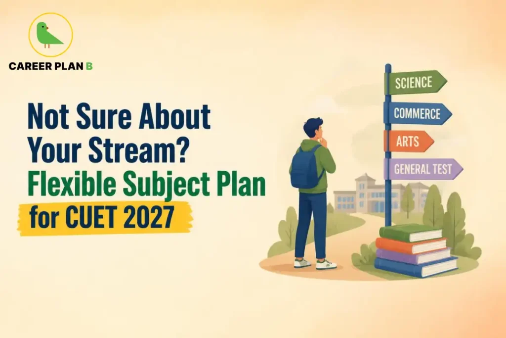 Flexible subject plan for CUET 2027, illustrating a student comparing Science, Commerce, Arts and General Test options before choosing subjects.