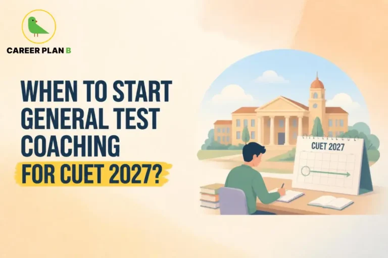 General Test coaching for CUET 2027, featuring a student planning exam preparation with books, a notebook and a CUET study calendar.