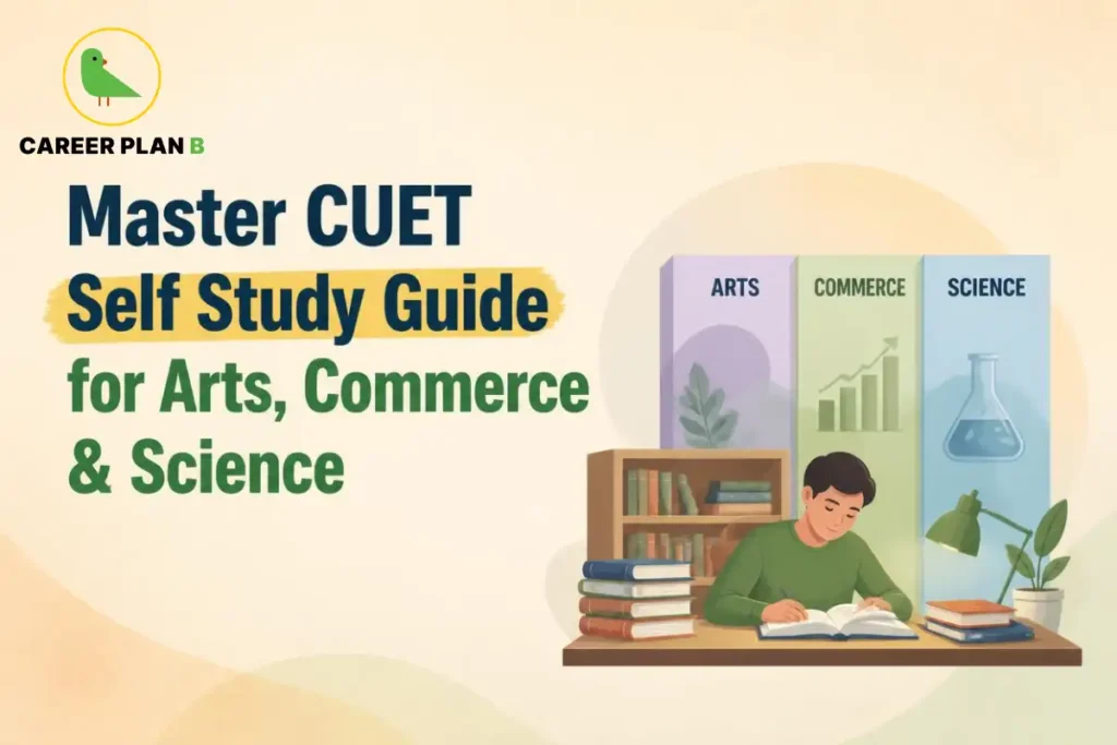 CUET self study guide for Arts, Commerce and Science students, showing a student studying textbooks at a desk with subject-wise books in the background.