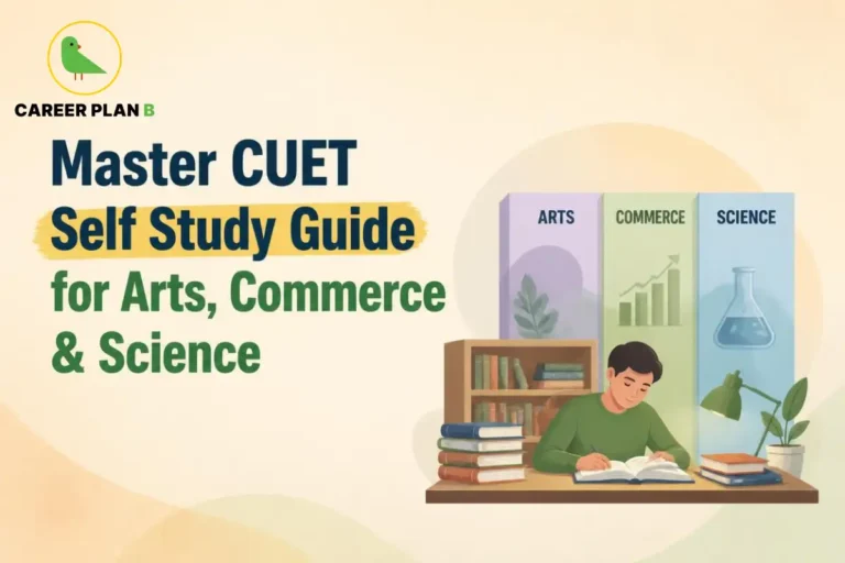 CUET self study guide for Arts, Commerce and Science students, showing a student studying textbooks at a desk with subject-wise books in the background.