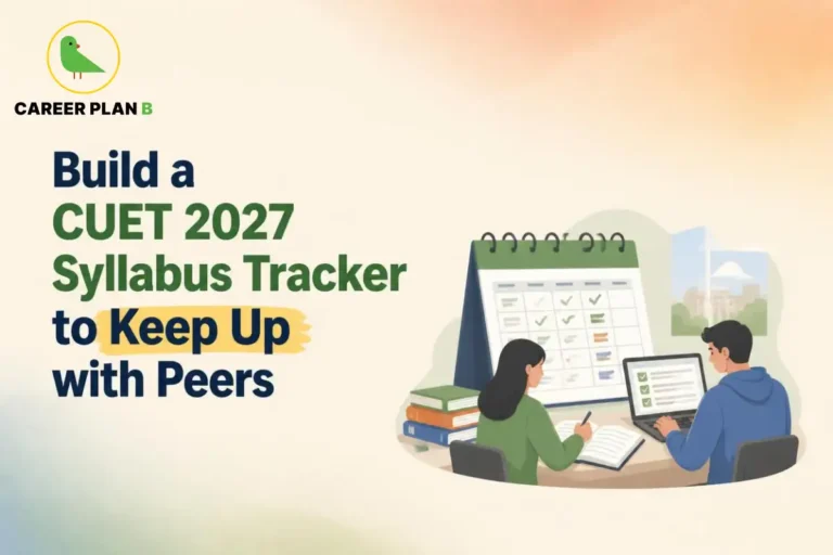 CUET 2027 syllabus tracker showing two students reviewing a study checklist, tracking syllabus completion and organising their preparation with books and a laptop.