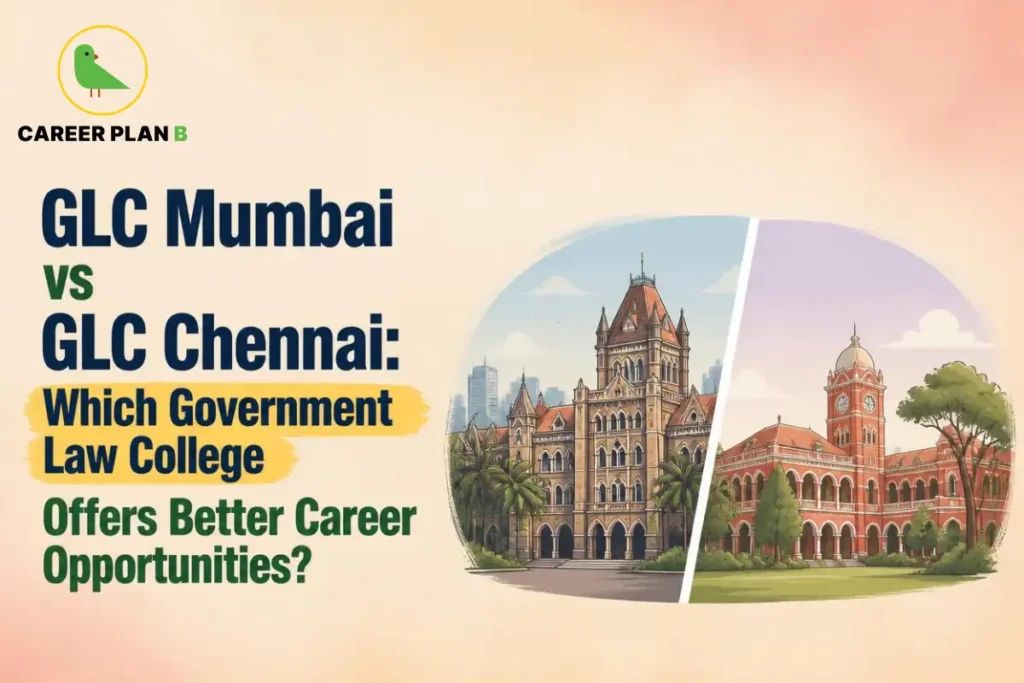 GLC Mumbai vs GLC Chennai comparison featuring illustrations of two historic government law college buildings, highlighting legal education, campus architecture, and career opportunities for aspiring law students in India.