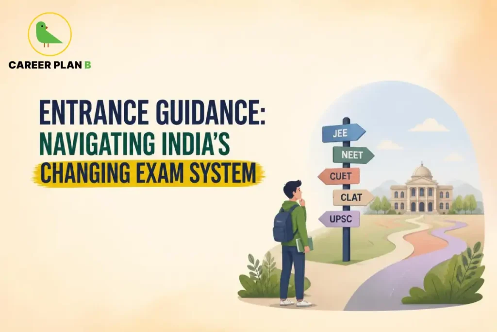Entrance guidance for India’s changing exam system, featuring JEE, NEET, CUET, CLAT, and UPSC examinations.