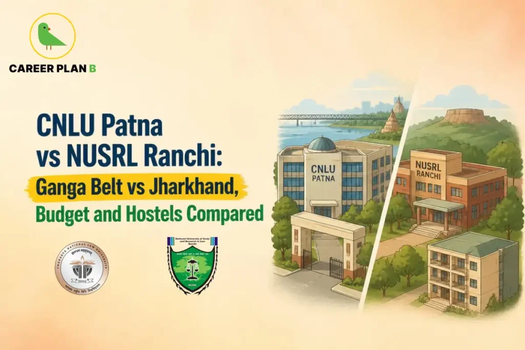 Split illustration showing CNLU Patna and NUSRL Ranchi campuses with regional landmarks