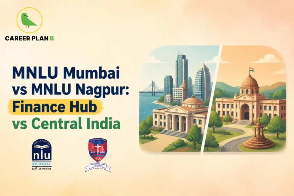Two law university campuses illustrated against Mumbai and central India settings