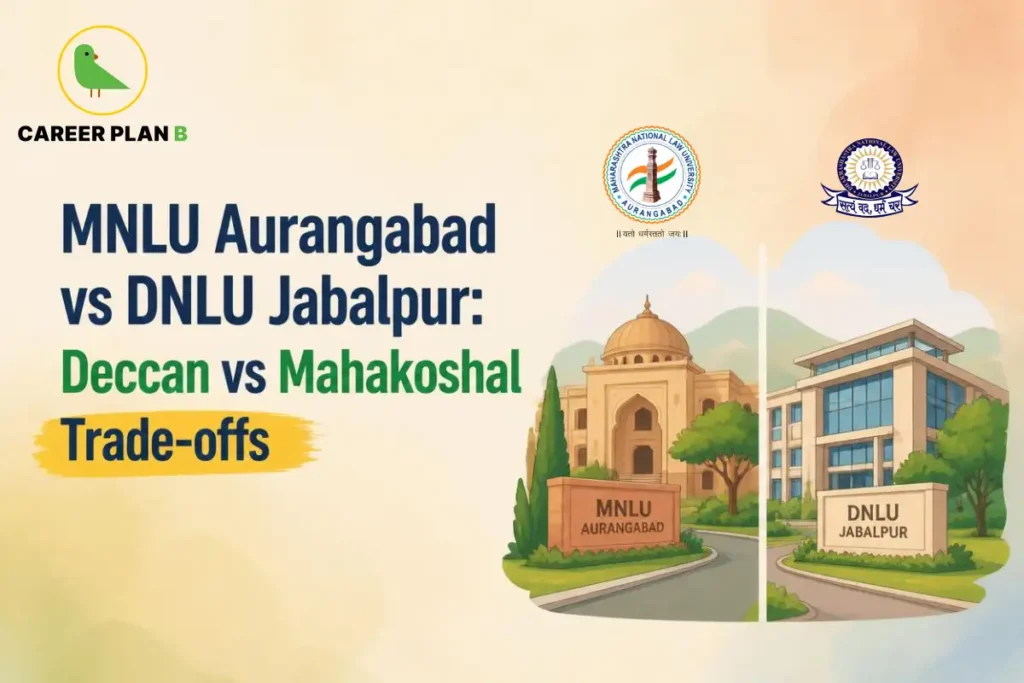 Side-by-side illustrations of MNLU Aurangabad and DNLU Jabalpur campuses