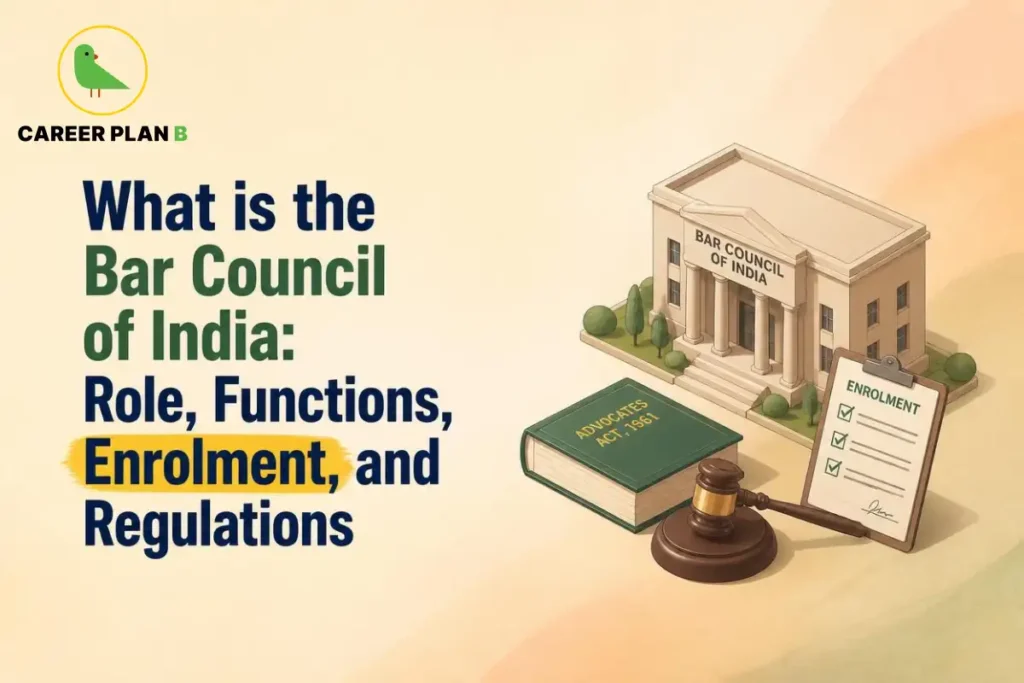 Bar Council of India illustration with enrolment form, legal book and wooden gavel