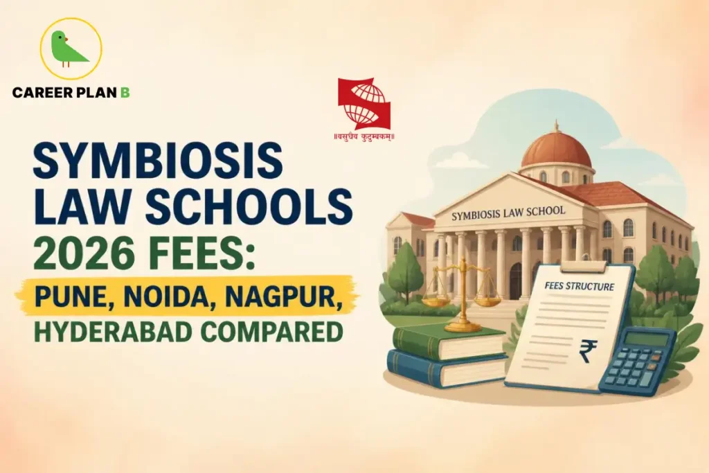 Symbiosis Law School campus with fees structure, law books, scales and calculator