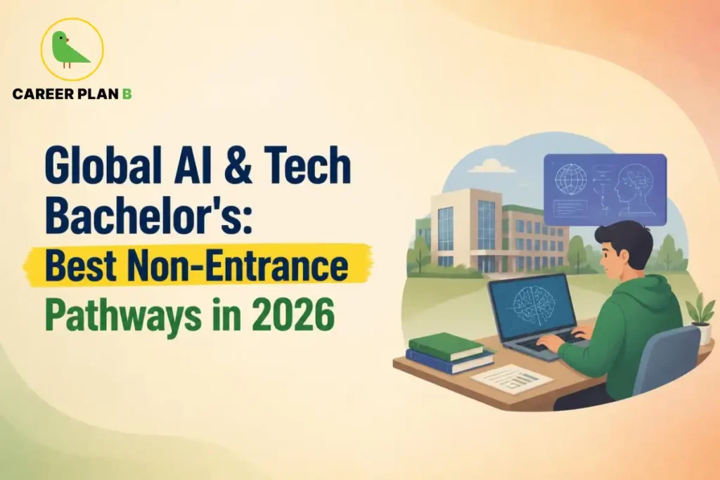 Student studying artificial intelligence on a laptop at a university campus for Global AI Tech Bachelor's 