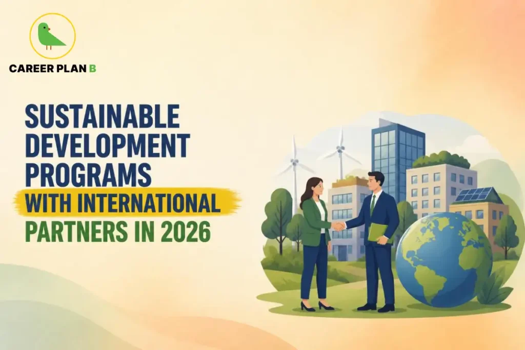 Two professionals discussing sustainable development beside wind turbines, solar panels, and green buildings.