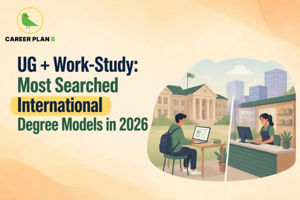 Student studying at a desk while another student works at a campus reception desk FOR UG Work Study Programs
