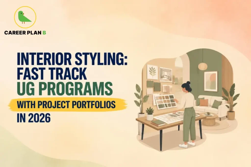 Interior styling fast-track UG programs in 2026 featuring a student working on interior design projects, mood boards, floor plans, and a project portfolio