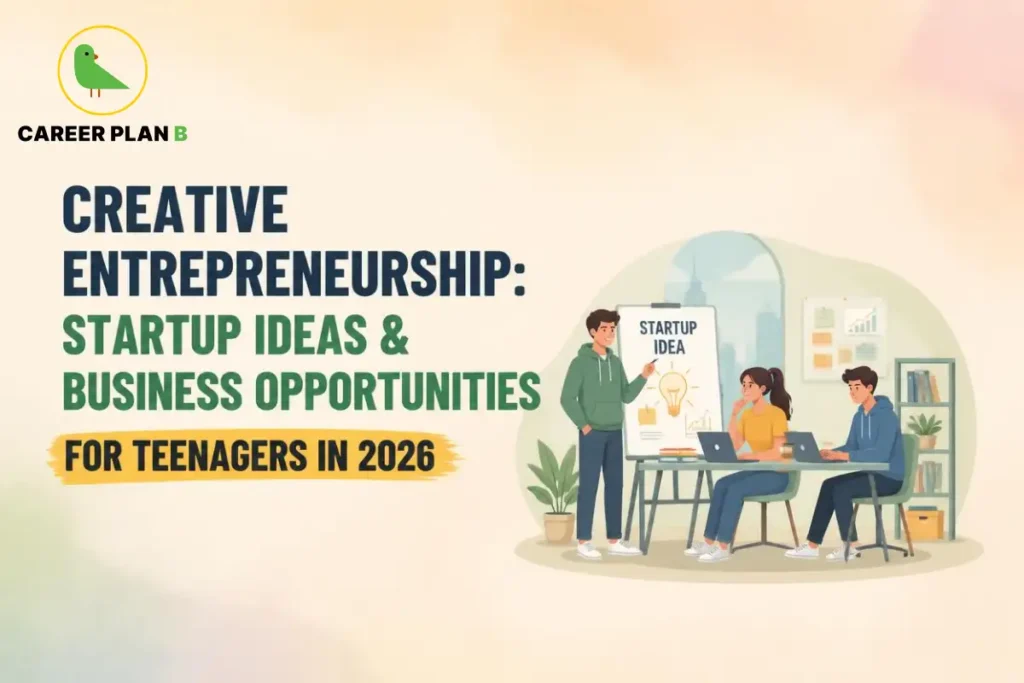 Creative entrepreneurship for teenagers in 2026 featuring young students developing startup ideas, discussing business opportunities, and working together on laptops