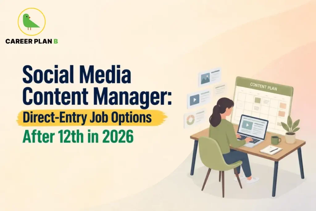 Social media content manager after 12th in 2026 showing a professional creating a content plan, managing social media posts, reviewing digital content, and working on a laptop