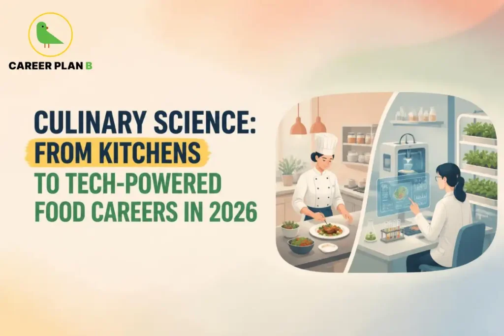 Culinary science and food technology careers in 2026, showing a chef preparing a dish in a professional kitchen alongside a food scientist using advanced technology for food research