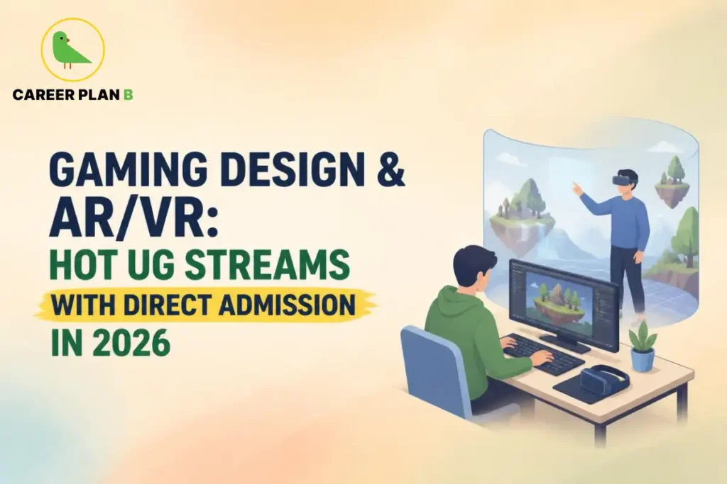 Gaming design and AR/VR UG courses in 2026 showing a student developing a virtual game environment on a computer and exploring an immersive VR experience