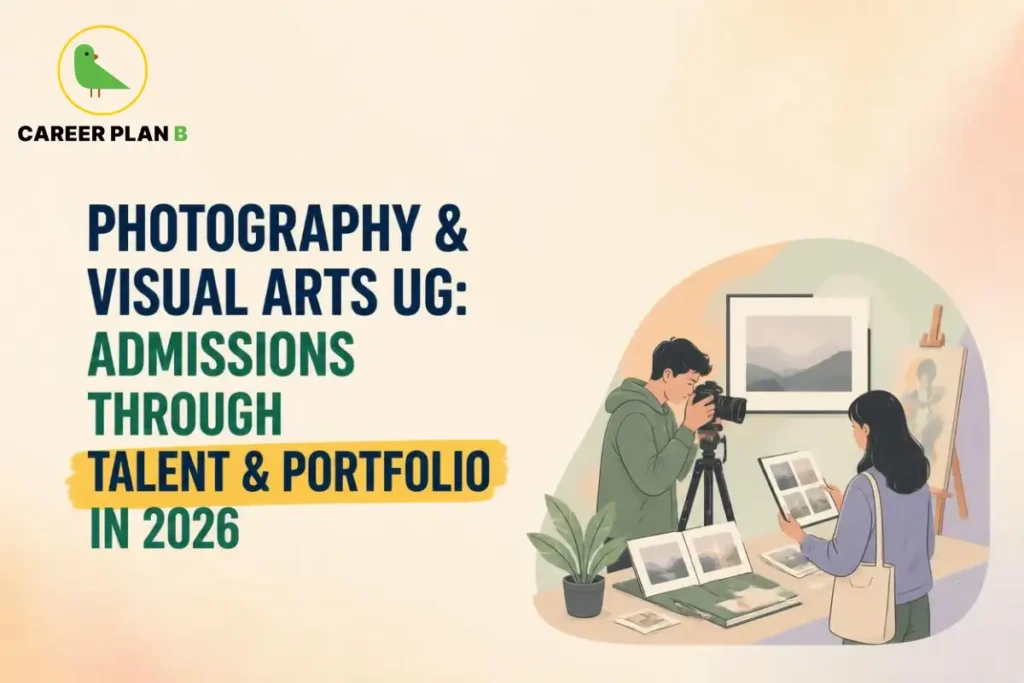 Photography and visual arts UG admissions in 2026 showing students working with a professional camera, creating a photography portfolio, reviewing images, and developing visual art projects