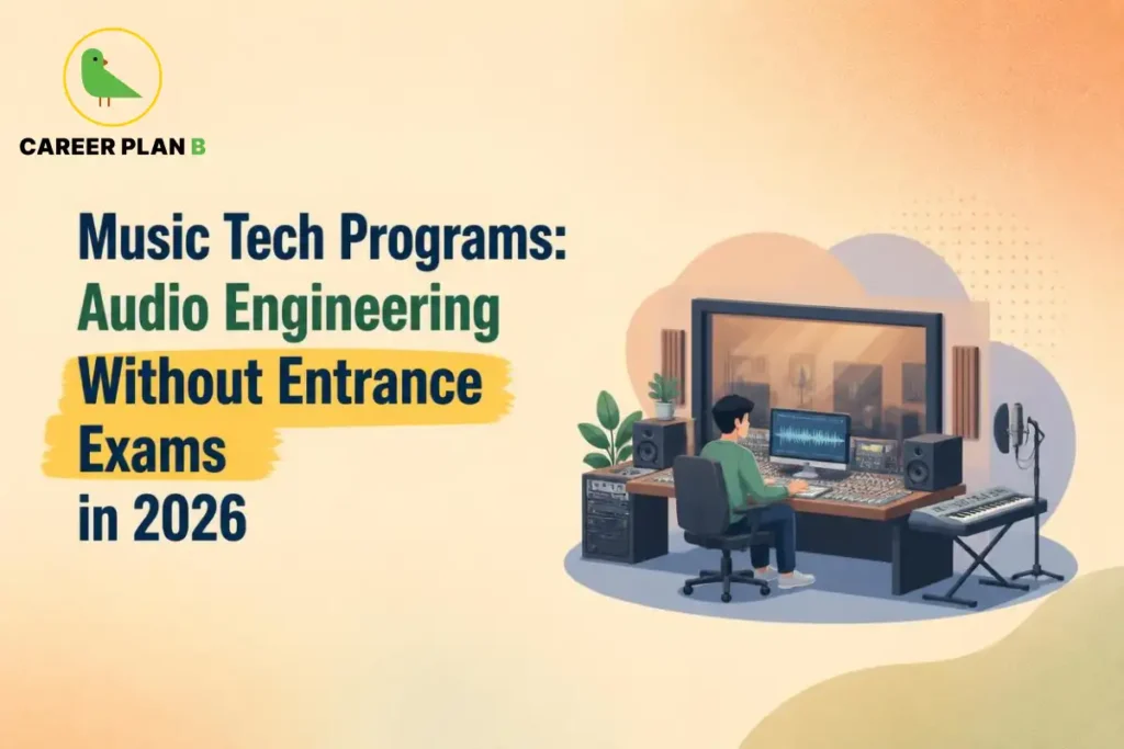 Music technology and audio engineering programs in 2026 showing a student working in a professional recording studio with audio mixing equipment, speakers, a keyboard, and computer