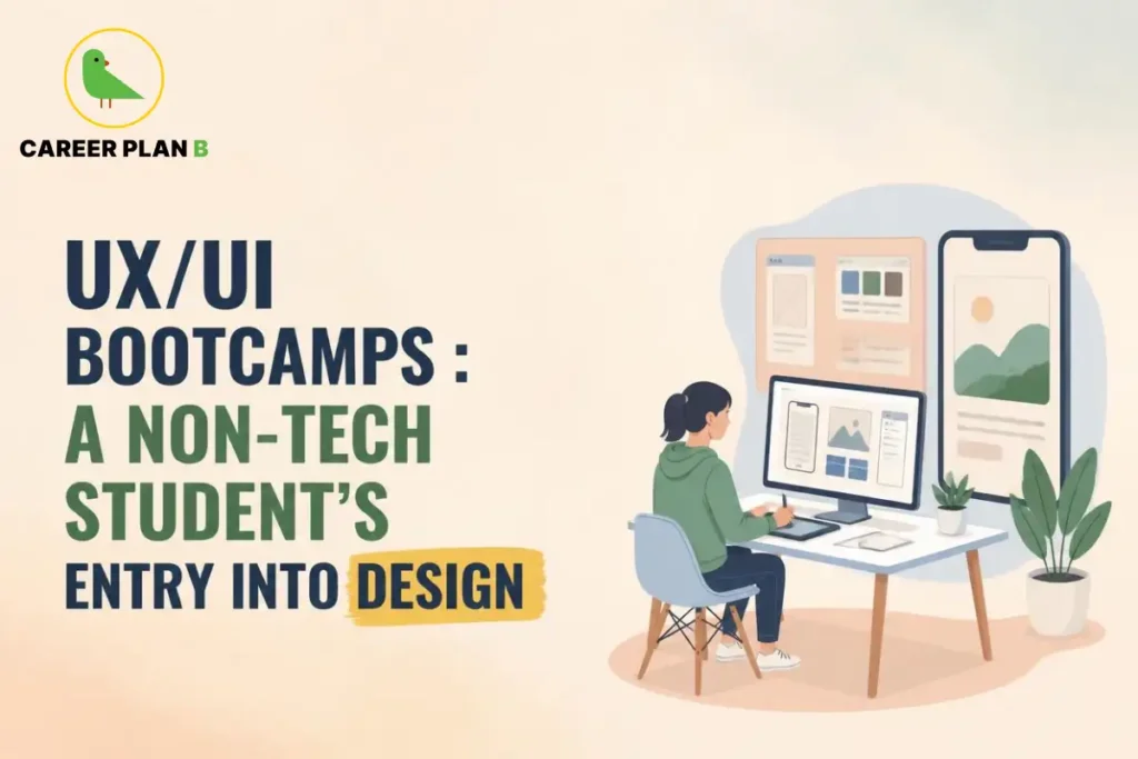 UX/UI bootcamps helping non-tech students learn digital design, interface layouts, and user experience skills for design careers.