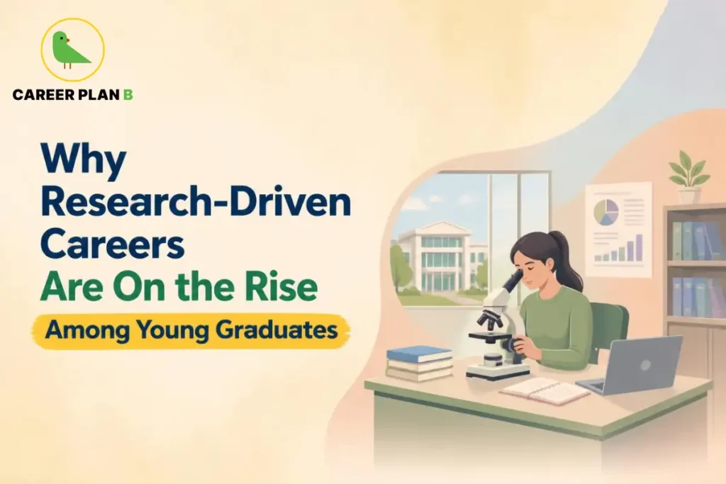 Research-driven careers gaining popularity among young graduates, featuring scientific research, laboratory equipment, and data analysis.