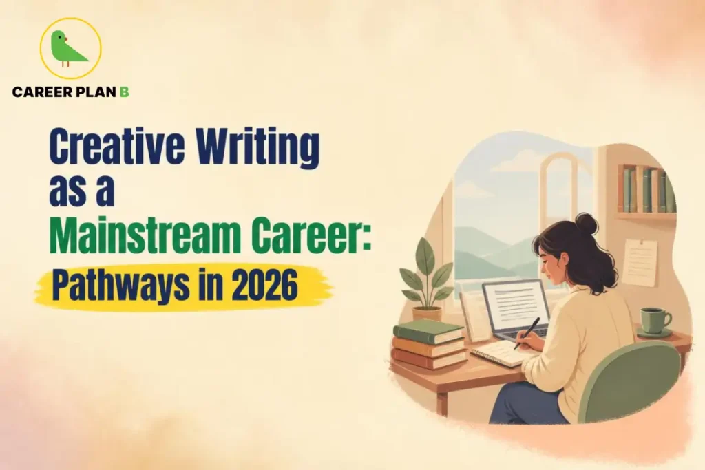 Creative writing as a mainstream career in 2026, showcasing a writer developing content using a laptop and notebook.