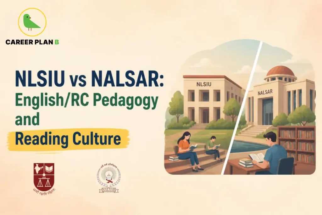 NLSIU vs NALSAR comparison showing law campuses, students reading, and library culture