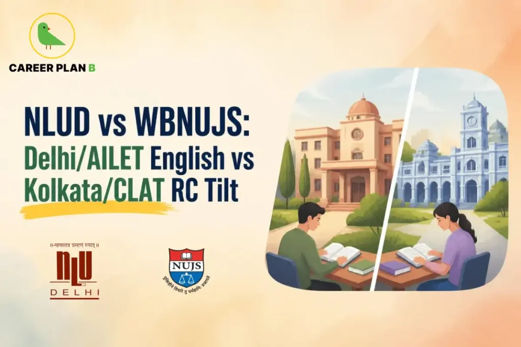NLUD vs WBNUJS comparison showing Delhi and Kolkata law campuses and students studying