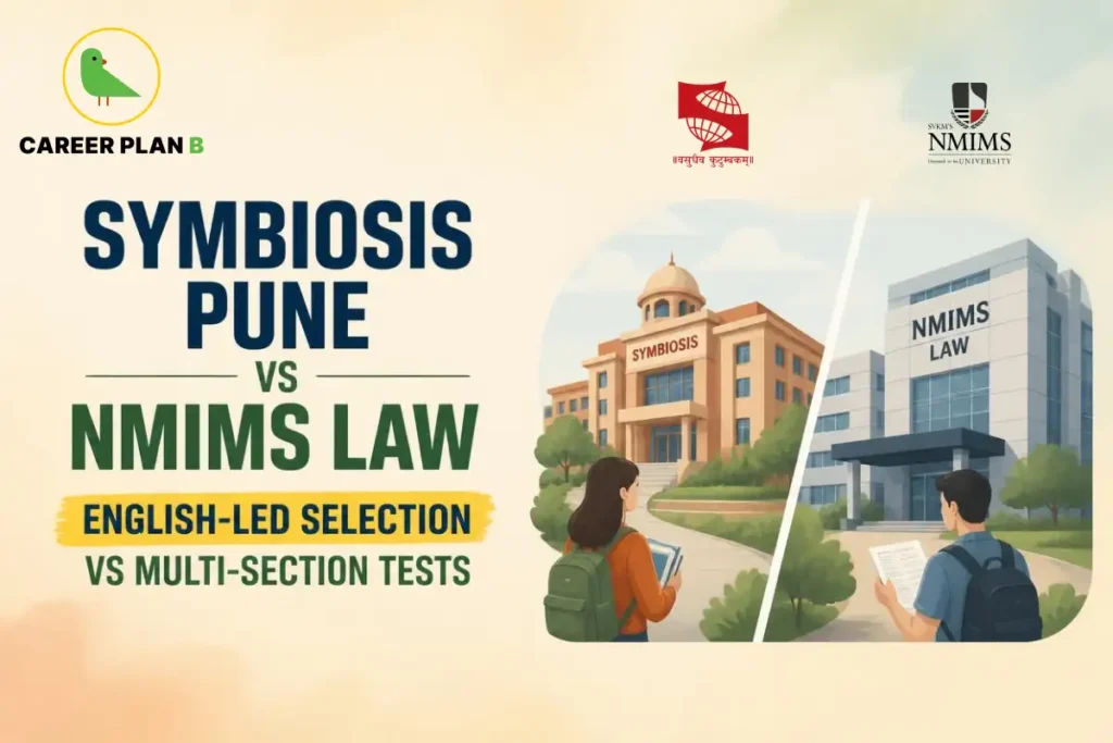 Symbiosis Pune vs NMIMS Law comparison of English-led selection and multi-section tests