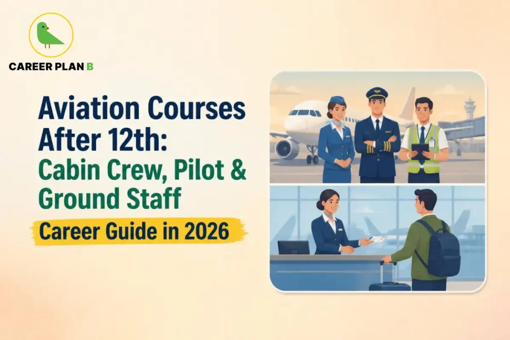 Airport staff and Aviation Courses After 12th standing near an aircraft and terminal counter.