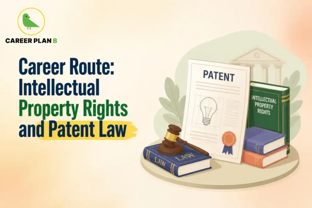 Intellectual property rights and patent law concept featuring a patent document, law books, and a judge's gavel.