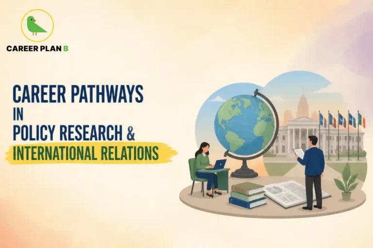 A researcher studying global affairs beside a globe, books, and international flags while exploring policy research and international relations careers.