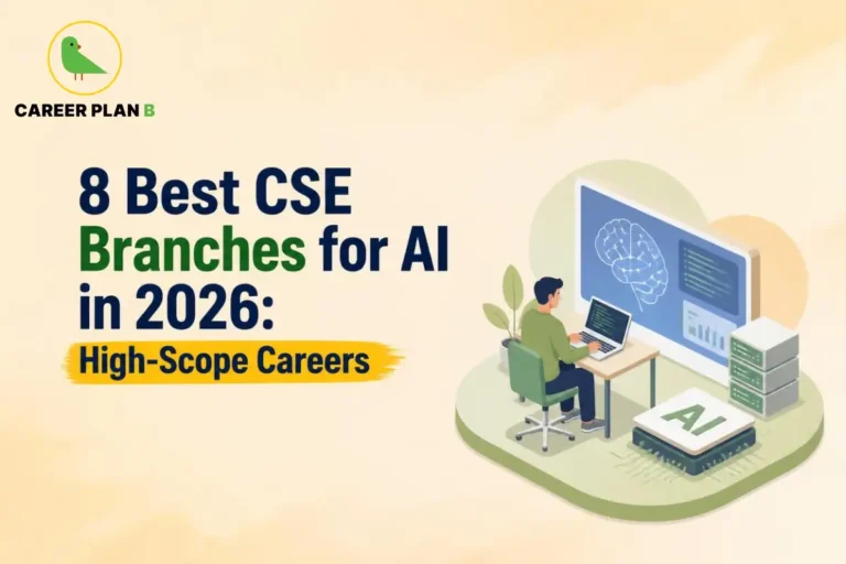 A computer science student working with AI code, server equipment, and a digital brain illustration while exploring the best CSE branches for AI.