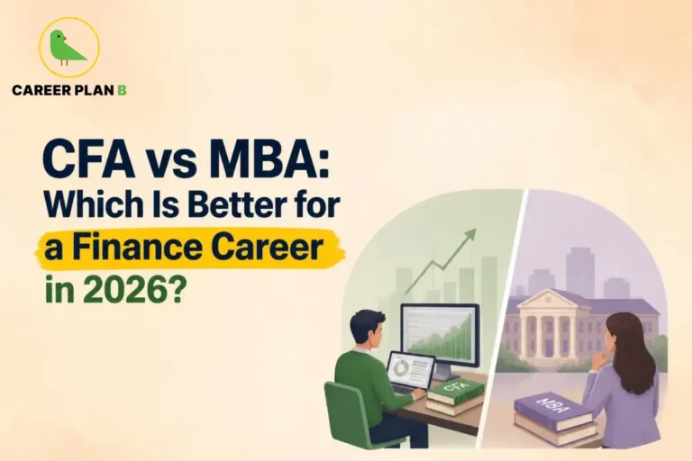 Two students comparing CFA and MBA pathways, with financial charts and business school imagery representing the CFA vs MBA decision.