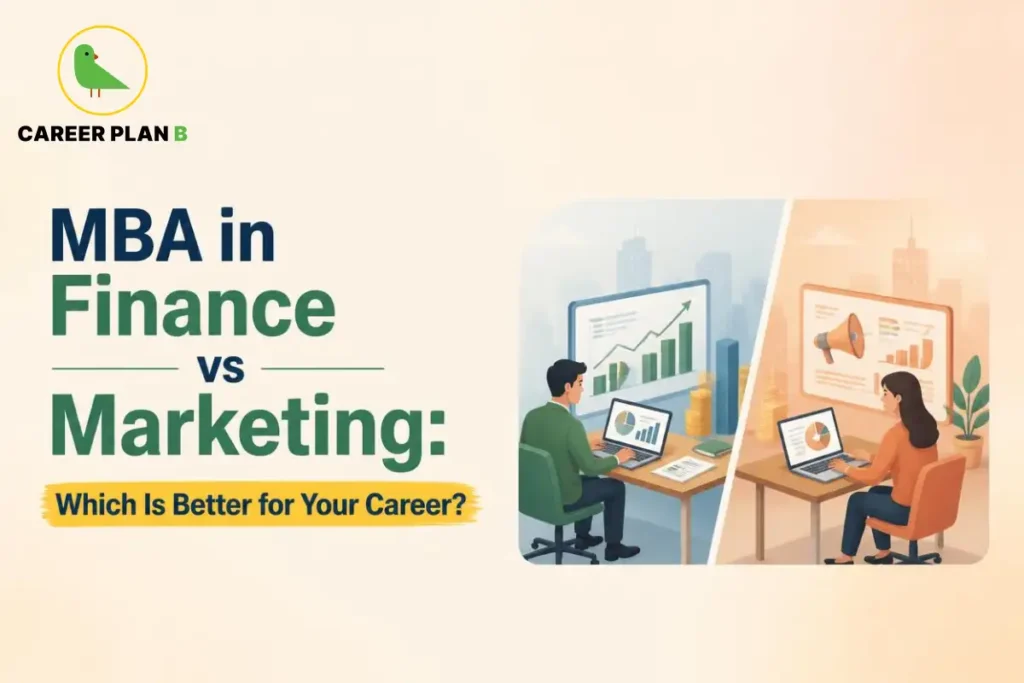 Two professionals studying financial charts and marketing analytics while comparing MBA in Finance vs Marketing career paths.