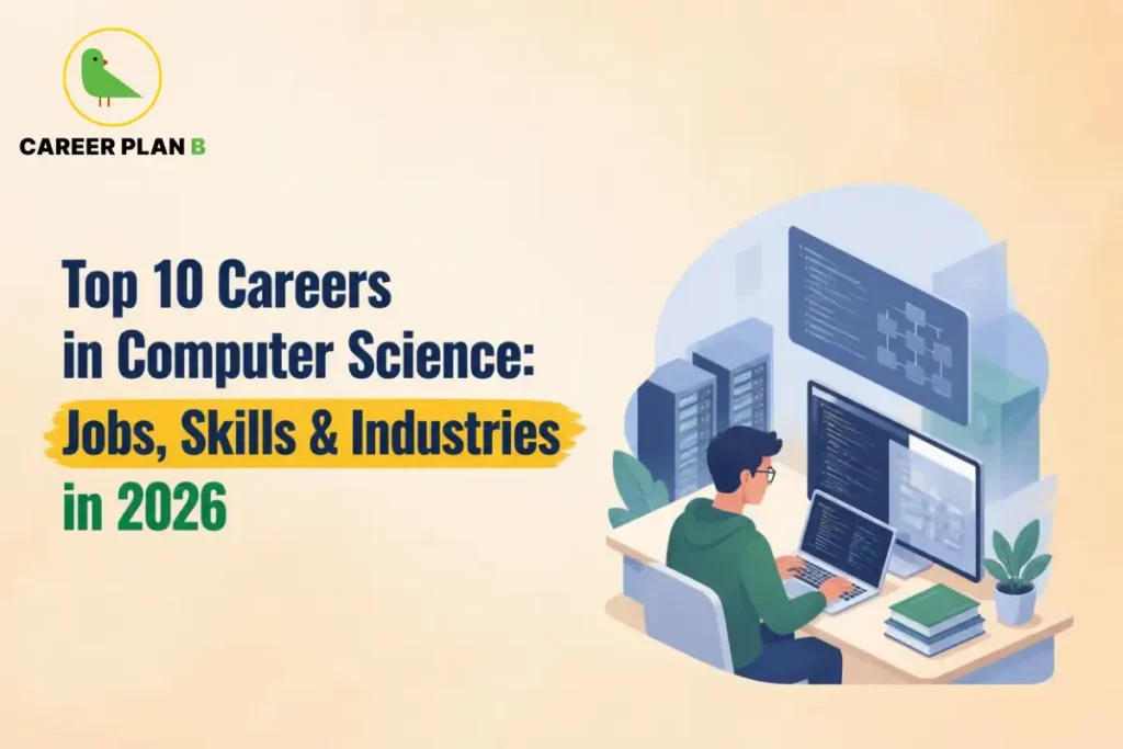 A computer science student coding at a workstation with software interfaces and servers while exploring careers in computer science.