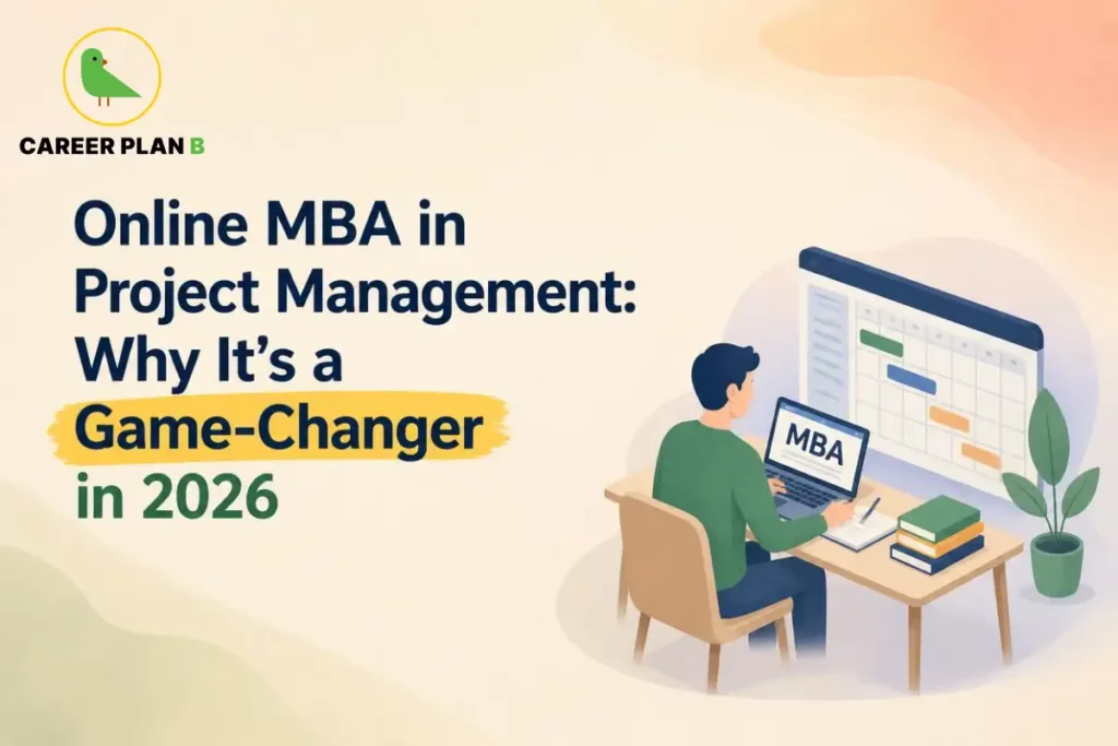 A student completing an online MBA in project management using a laptop and a digital project timeline.