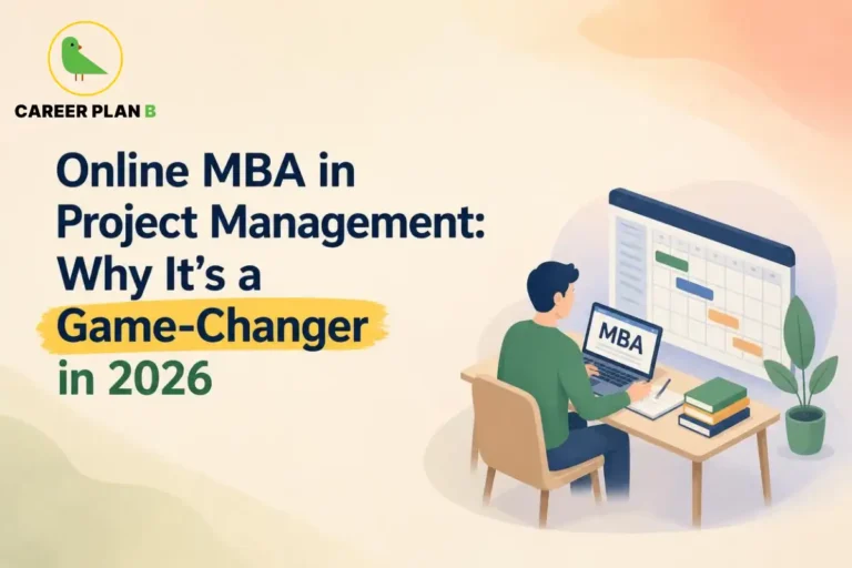 A student completing an online MBA in project management using a laptop and a digital project timeline.