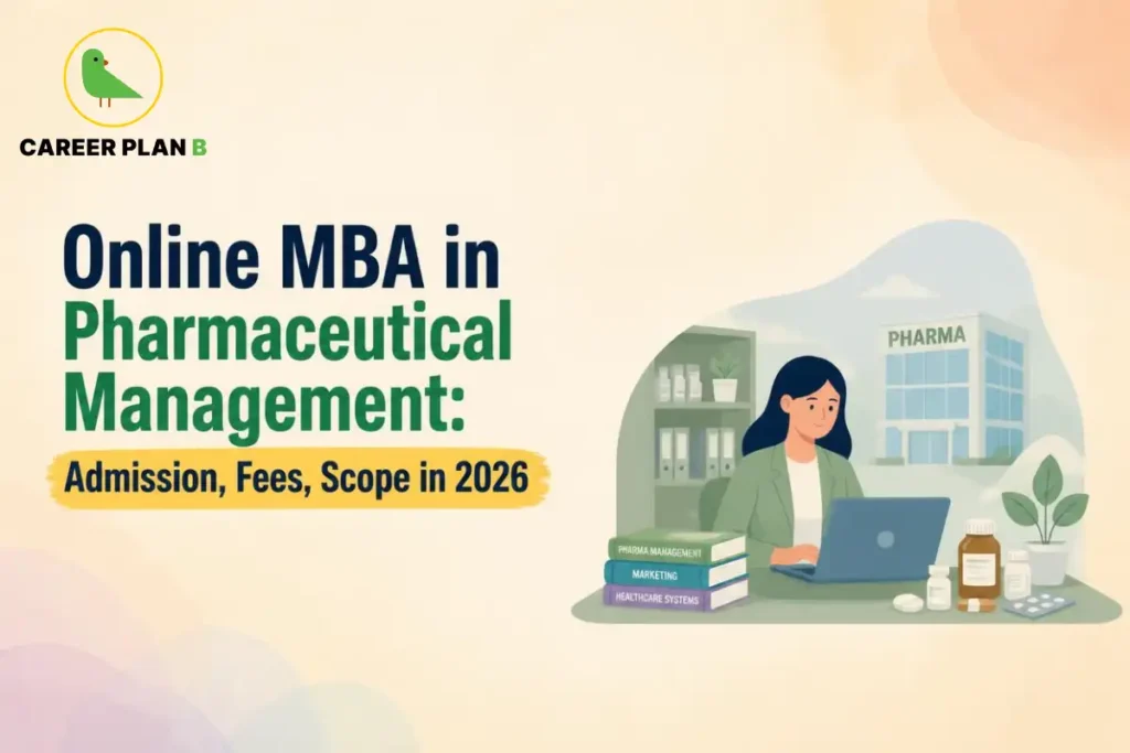 Student studying an online MBA in pharmaceutical management on a laptop beside medicine bottles and healthcare management books.